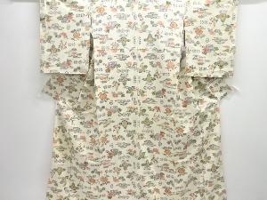 アンティーク　家屋に草花模様上代紬着物